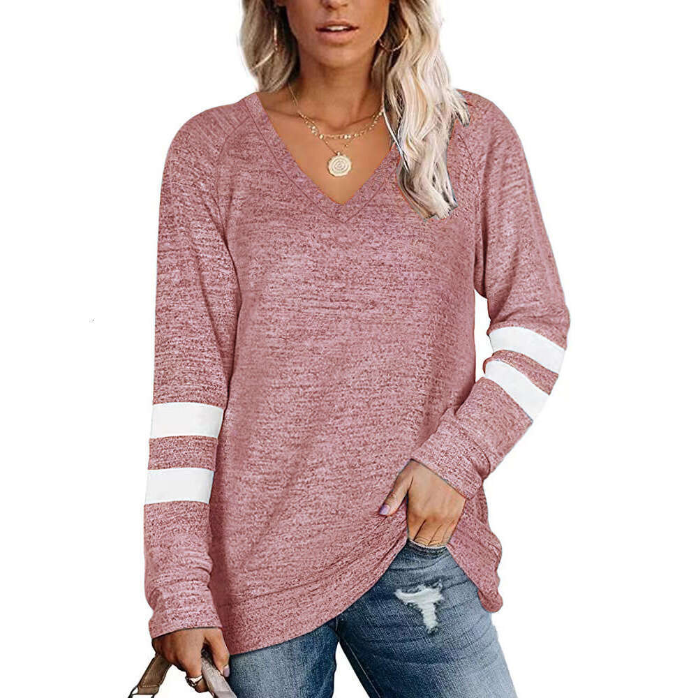 2022 Womens Long Sleeve Contrast Panel V-Neck Loose Casual T-shirt Top