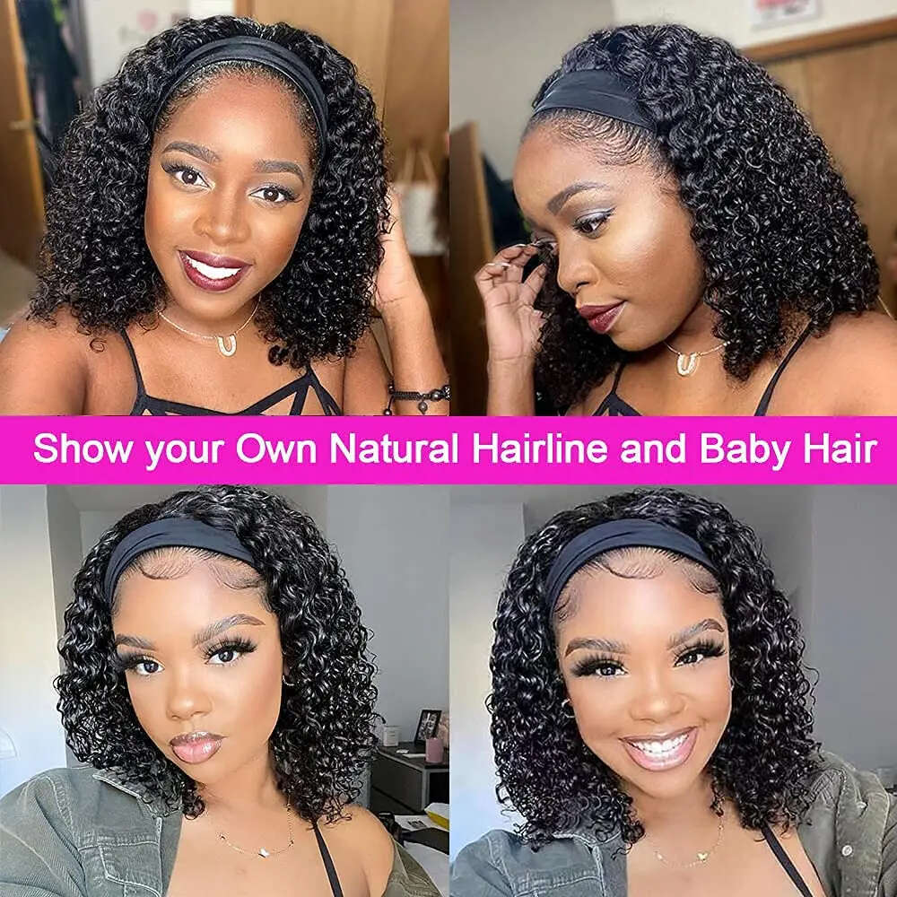 Wave 12 Inch Headband Wigs Hine Made No Glue Deep Curly Human Hair Wig
