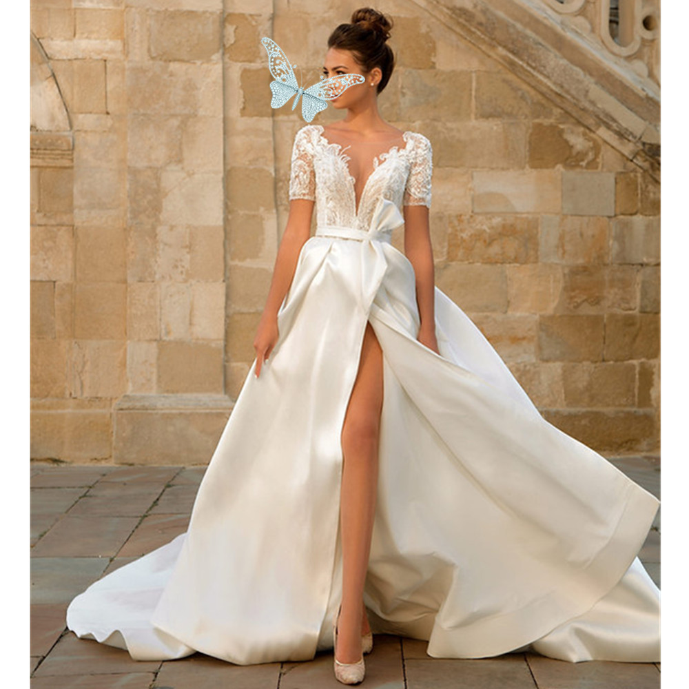 Fashion Beach Wedding Dresses A-Line Off Shoulder Appliques Lace Bridal Gowns Tulle Sweep Train Bohemian Wedding Dress 10