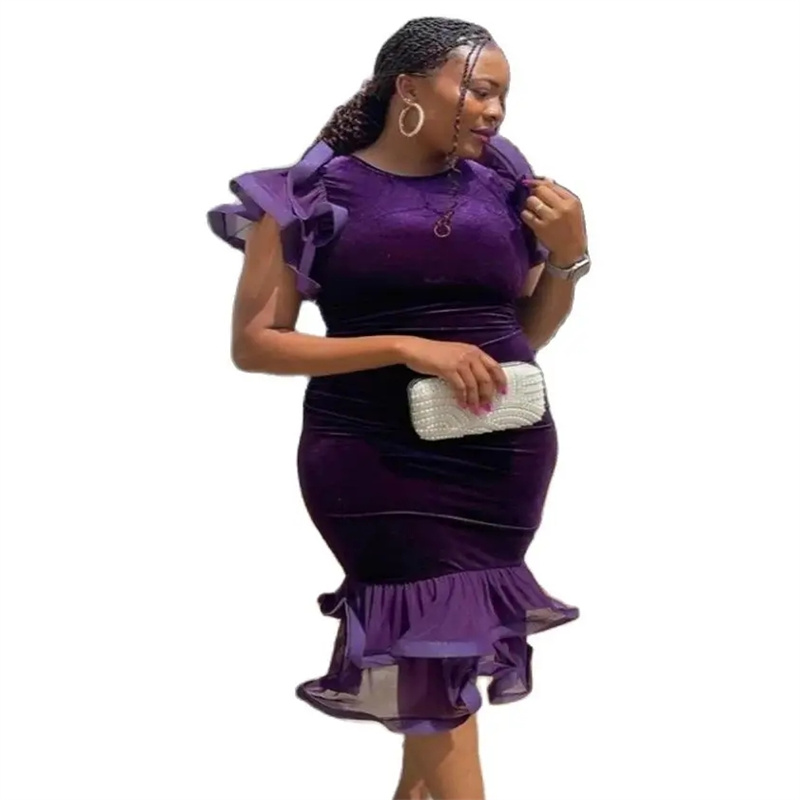 Nigerian African Purple Prom Dresses Elegant O Neck Ruffle Velvet Evening Dress Holiday Dinner Formal Party Wear Birthday Dress vestidos de gala 2025 