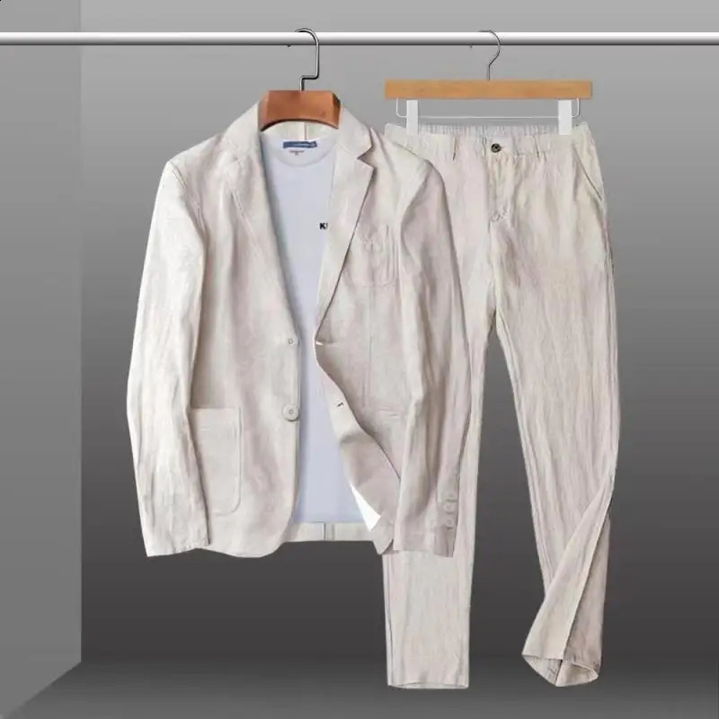 Spring and summer fashion mens linen two-piece jacketpants solid slim fit casual business thin jacket breathable set 240903