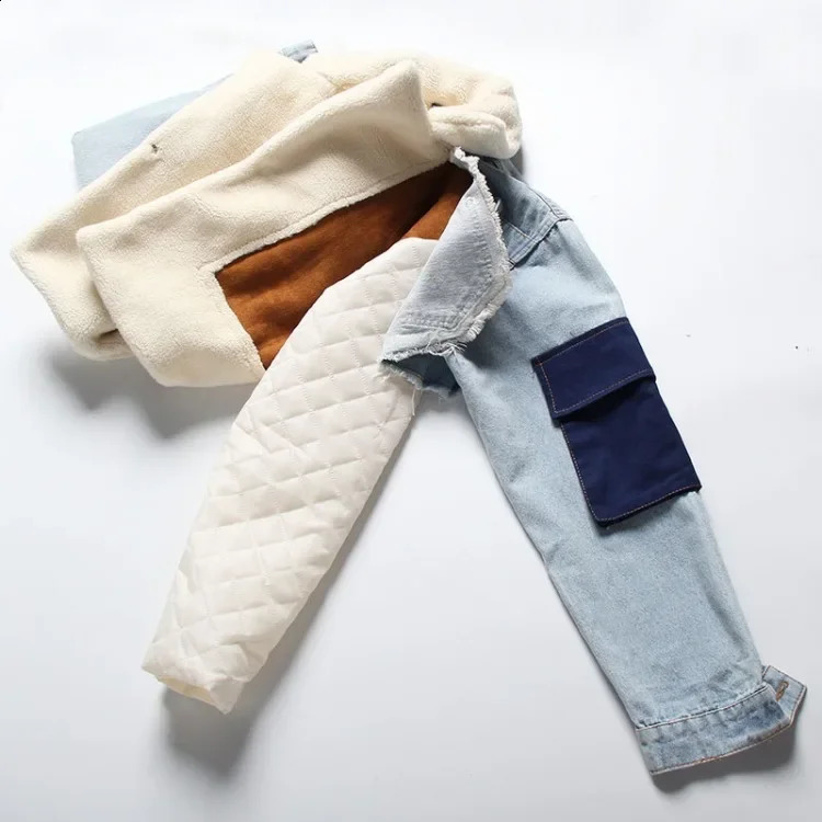 Fashion wool lined denim spliced work jacket thickened cashmere lining womens winter style motorcycle cotton 240905