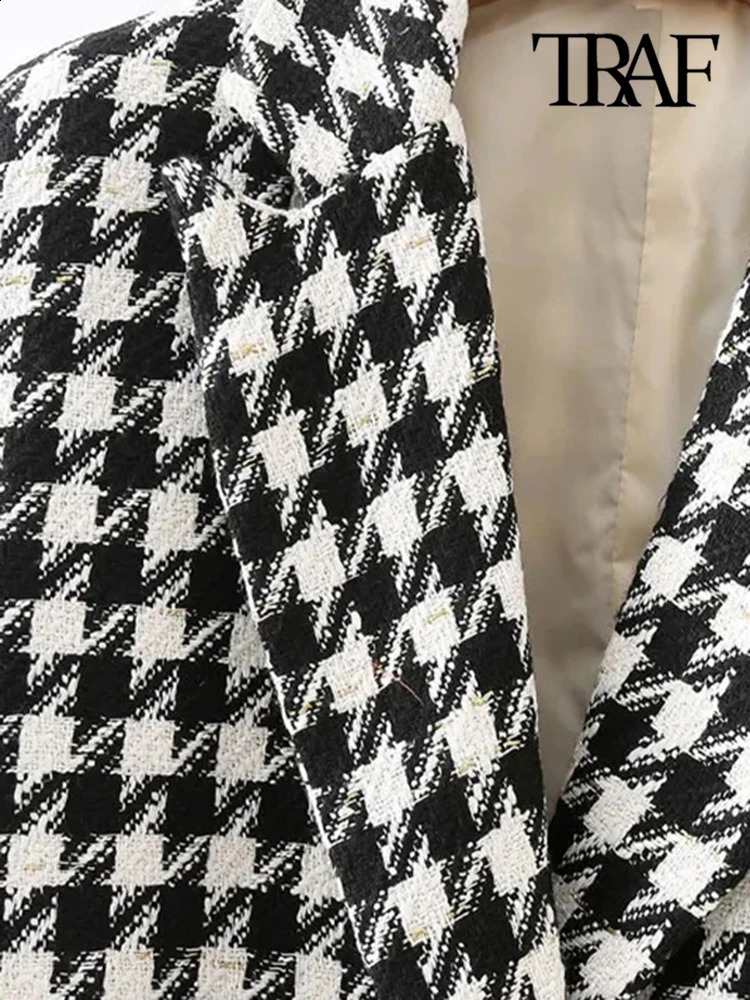 TRAF Women Fashion Houndstooth Tweed Blazer Coat Vintage Long Sleeve Flap Pockets Female Outerwear Chic Veste Femme 240904