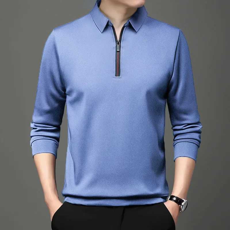 2023 New Solid Polo Shirt Lapel Long-sleeved Polo Zipper Collar Fashion Spring/Autumn Thin Shirts Casual Loose Tops Men ClothingXJ240906