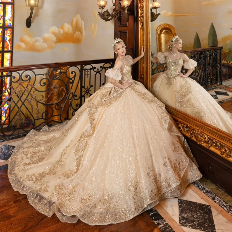 Champagne Beading Tassel Ball Gown Quinceanera Dresses Off The Shoulder Sequined Appliques Lace Tull Vestidos De 15 Anos Sweet 16
