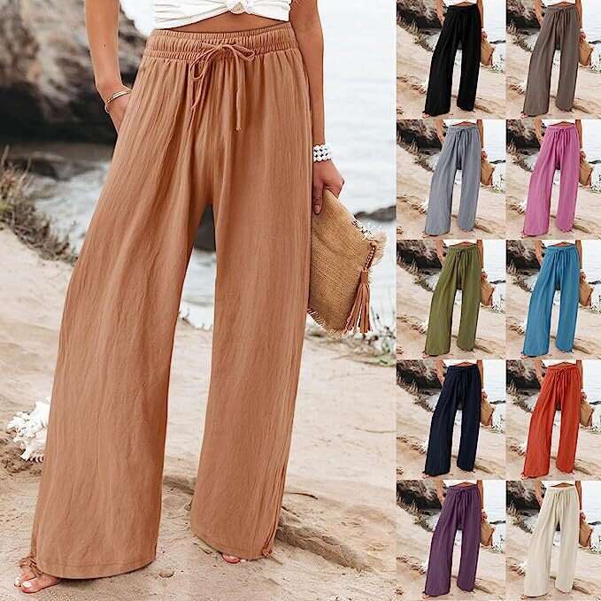2024 Summer TEMU Women's New Cotton Hemp Wide Leg Drawstring Beach Casual Pants for Women