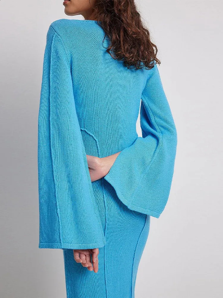 Womens Knitted Maxi Dress Fashion Blue Patchwork Elegant O-Collar Splicing Long Sleeve Ultra Thin Dress Womens Solid Color Party Club Robe 240906
