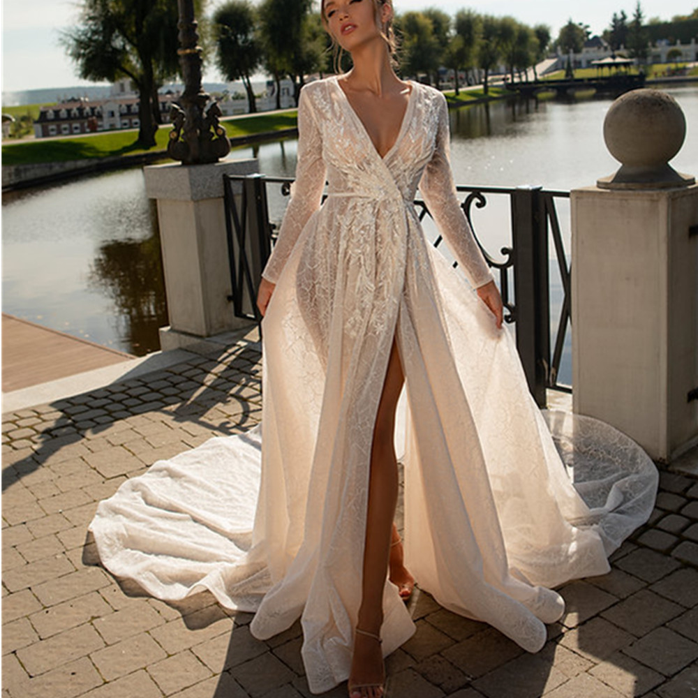 Sexy Boho A Line Beach Wedding Dresses Spaghetti Strap Glitter Summer Bridal Gown With Slit Lace Appliques Civil Mariage 05