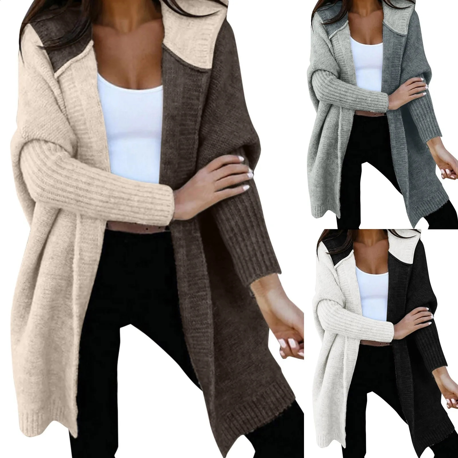 Womens loose knitted sweater jacket fashionable open style long sleeved hooded cardigan woolen colorful 240905