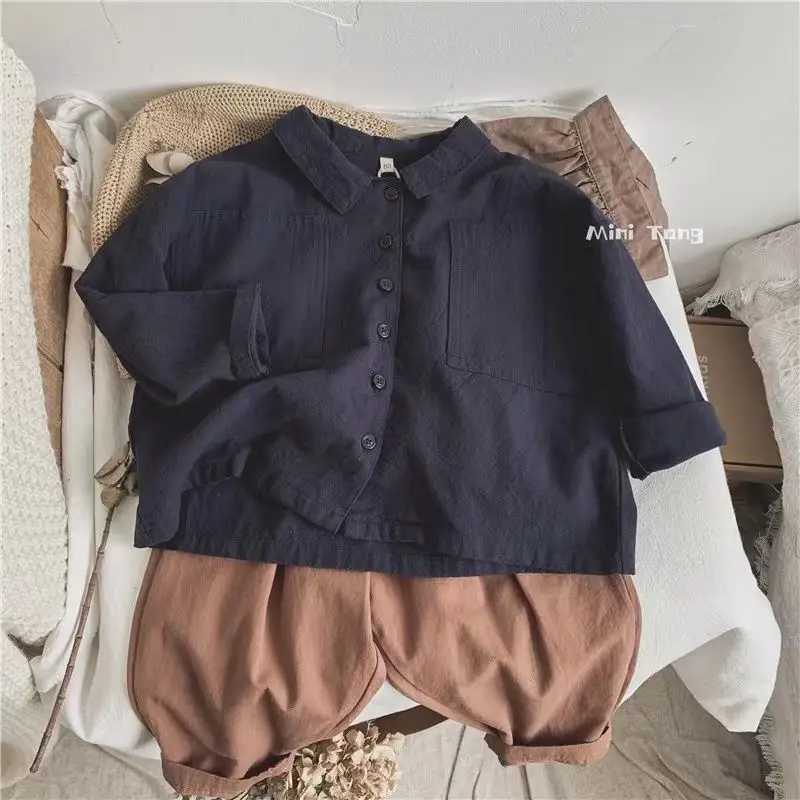 Spring and Autumn Boys Shirt Japanese Style Retro Long Sleeve Polo Collar Cotton Linen Shirt Childrens Baby Top Outer Coat Y240906