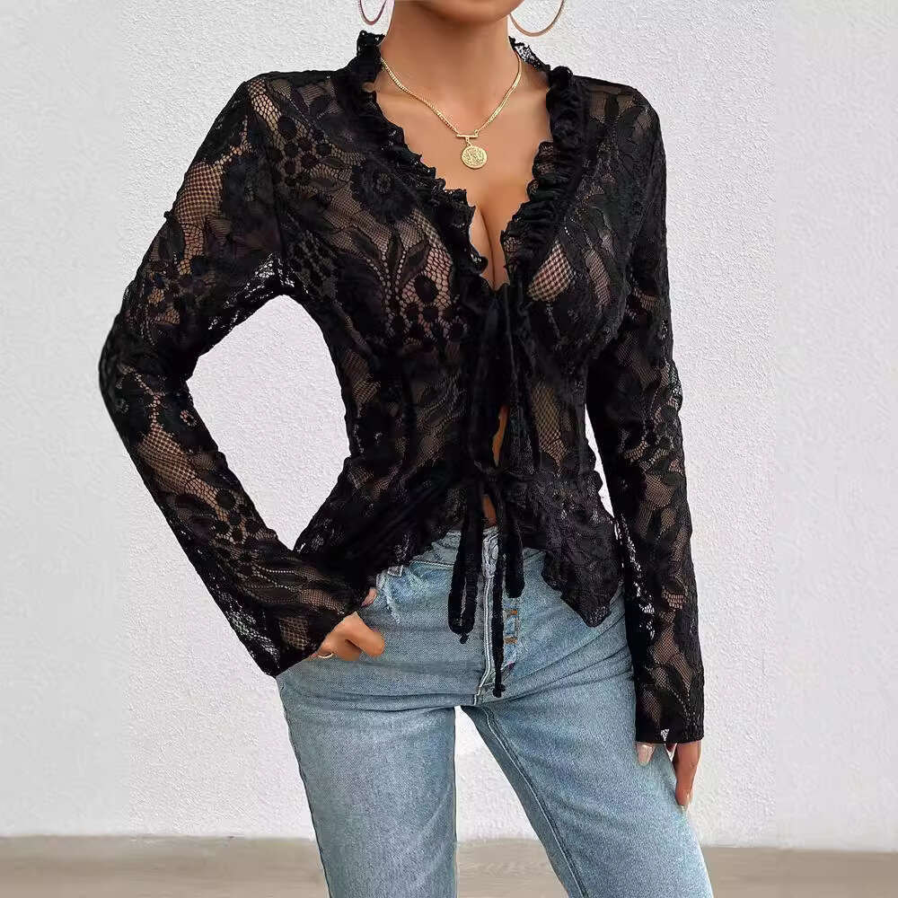 Women's 2024 autumn sexy slim fit long sleeved cardigan lace top for women