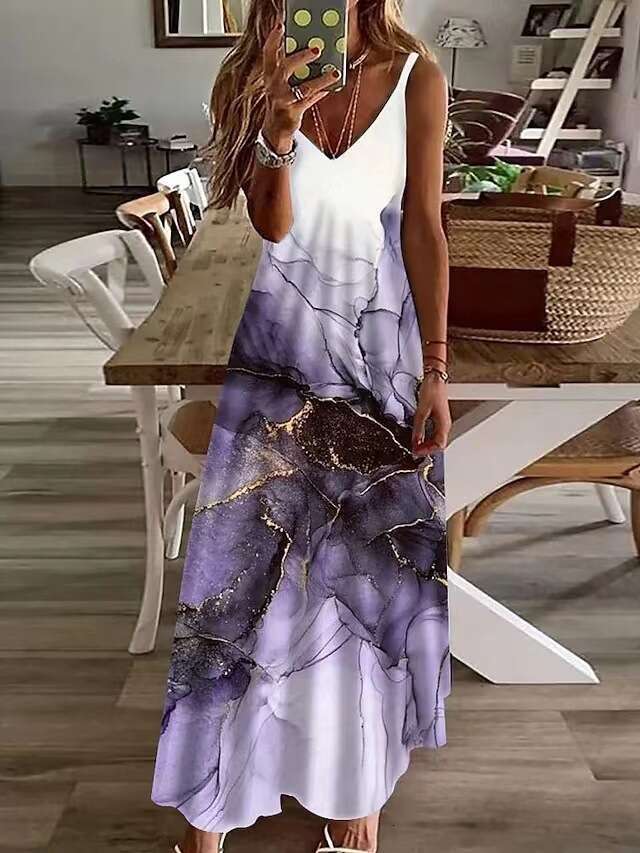 2023 Women's Summer V-neck Sexy A Version Long Loose Print Large Strap Dress