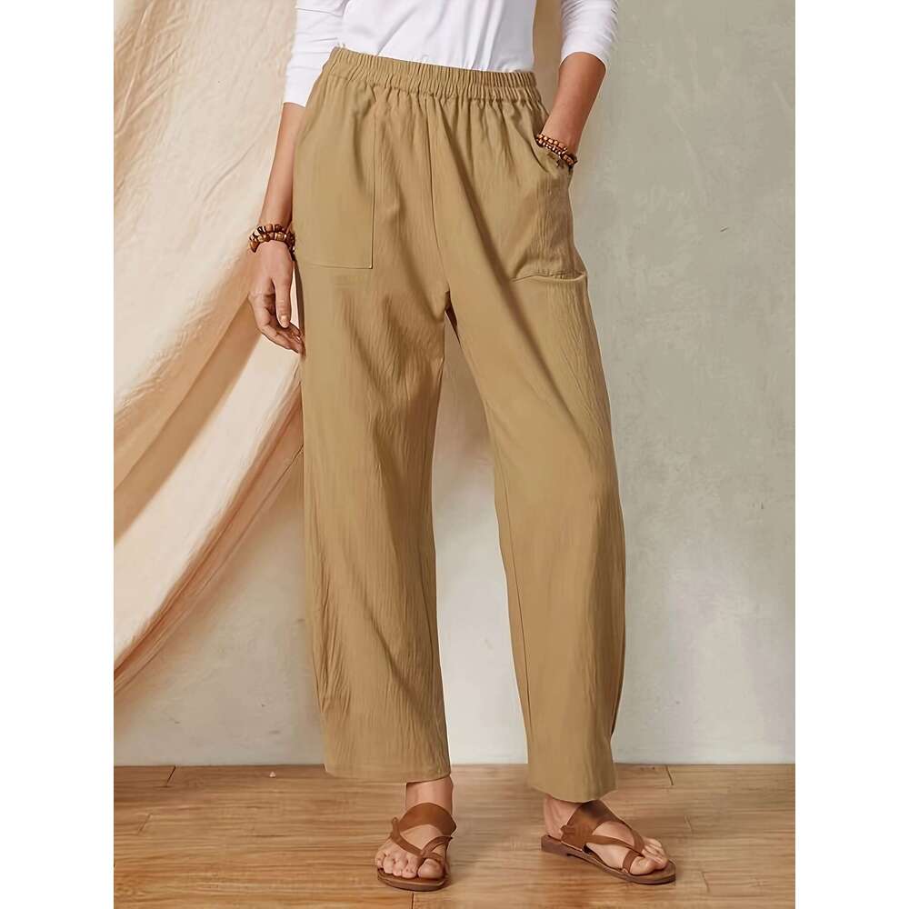 2024 Spring/Summer New Product Solid Color Pocket Elastic Waist Cotton Linen Loose Casual Wide Leg Pants for Women