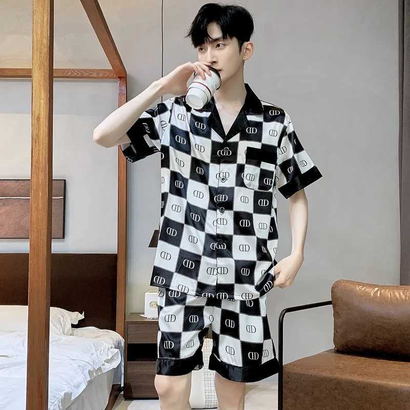 New Pajamas Set Mens SummerHigh Quality Ice Silk Short Sleeve Night Wear Thin Satin Sleepwear Male Home Clothing Pyjamas Teen Y240906