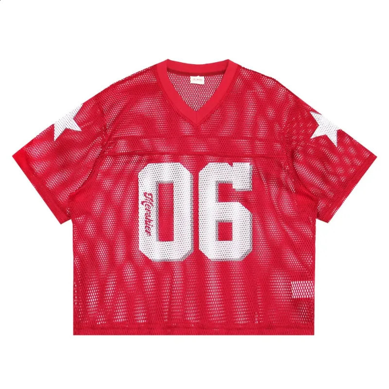 Red and Blue American Digital Printed Mesh Hollow V-neck Short Sleeved T-shirt for Men Summer Loose Casual Jersey Sports Tops 240906