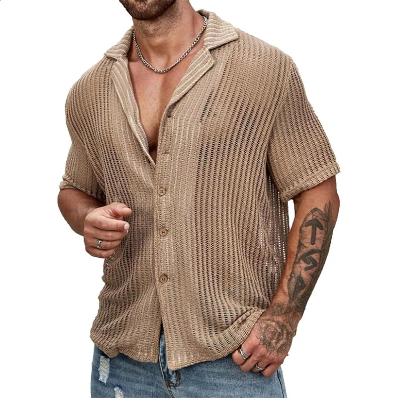 Streetwear Fashion Knitwear Mens Shirt Sexy See Through Knit Tops Men Summer Casual Button Lapel Short Sleeve Hollow Out Shirt 240906