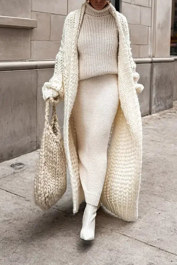 Loose knit cardigan womens autumn winter white spring elegant long coat Maxi Y2k sweater soft jacket