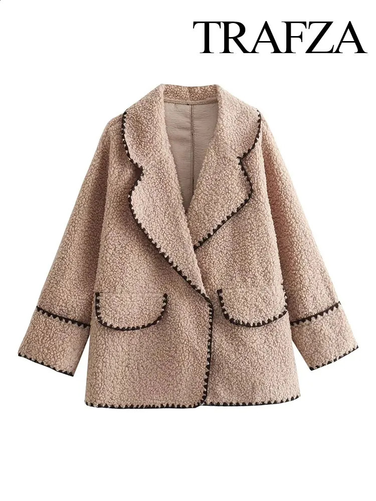 TRAFZA Womens Fashion Winter Coat Lambswool Trend Surround Vneck Loose cardigan Wild Pocket Jacket 240905