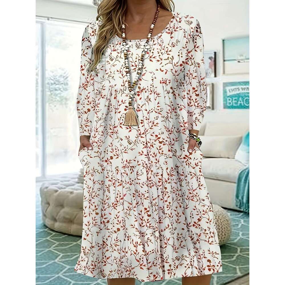 Women's 2023 new loose round neck long short sleeved pleated dress for women