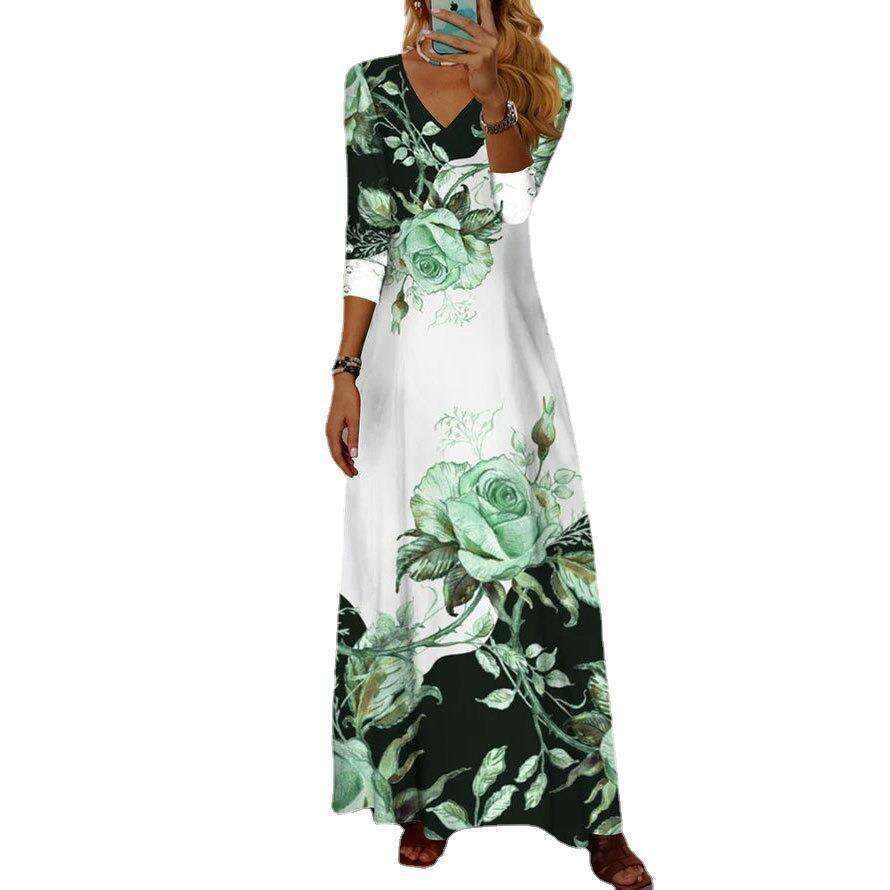 2023 Women's New Fashion Positioning Print V-Neck Button Long Sleeve Dress