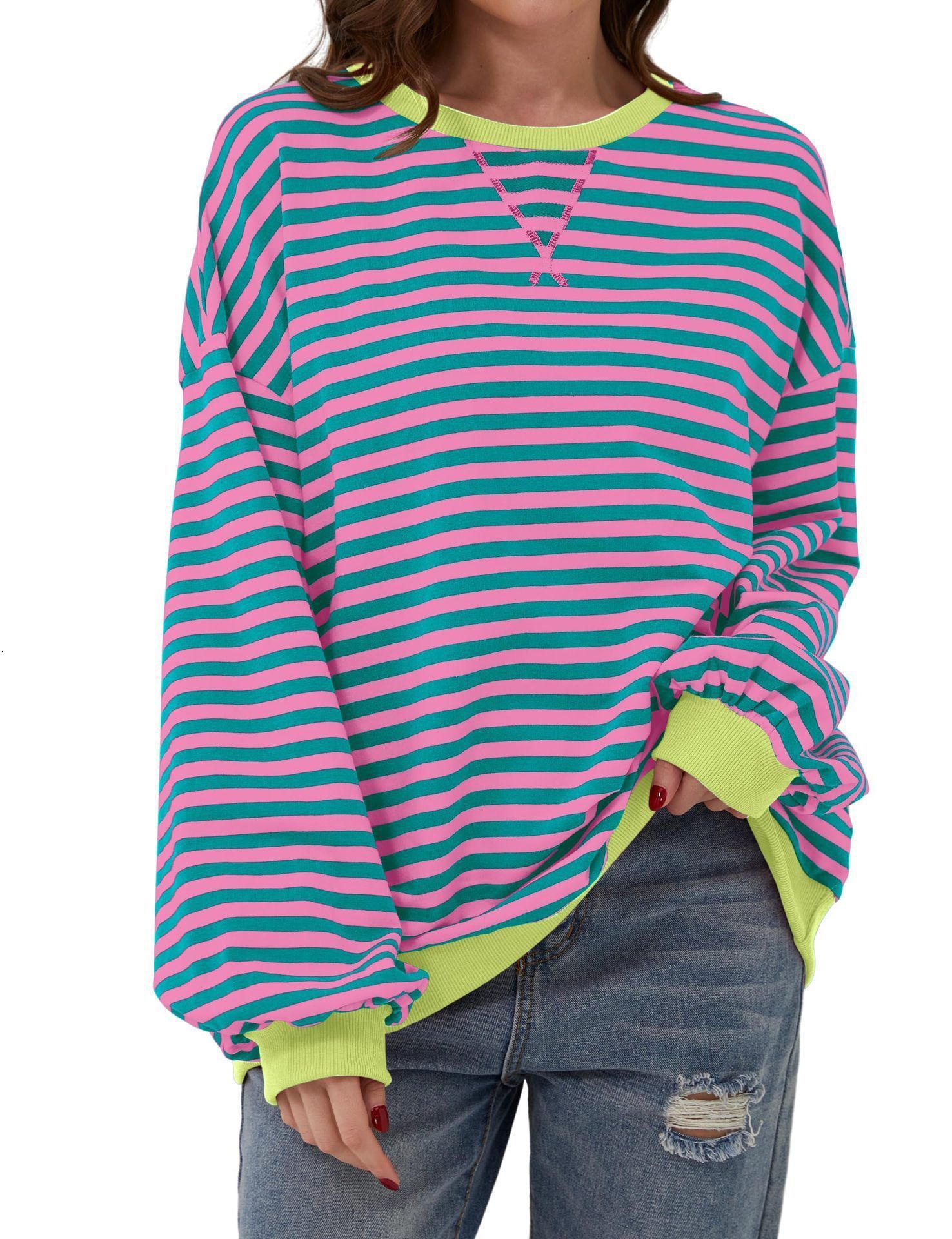 designer tshirt 2024 spring simple home cross border leisure new striped pattern round neck trendy long sleeve hooded color blocked tshirt