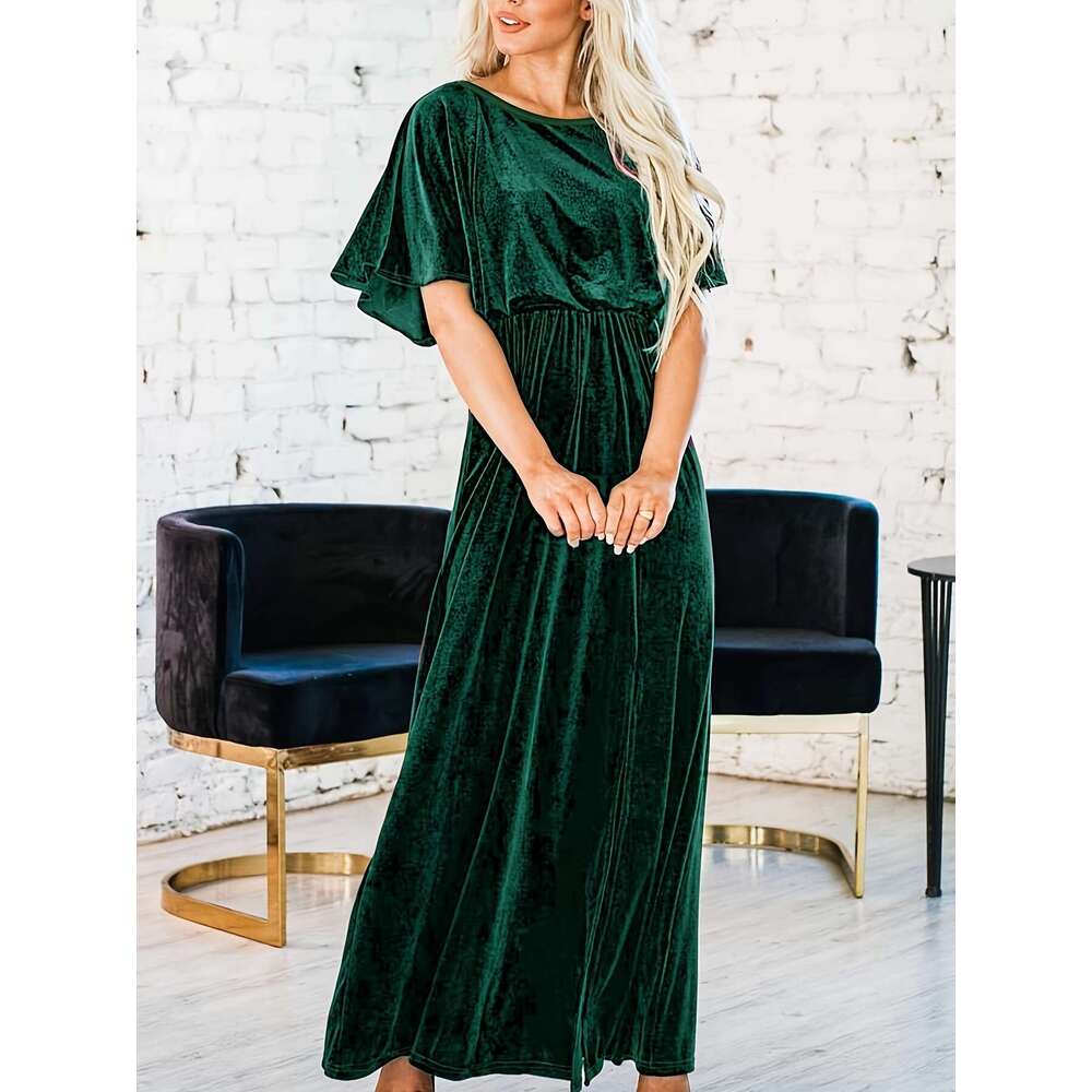 2024 French First Love New Spring and Summer Short Sleeve Sexy Charm Gold Velvet Round Neck Dress
