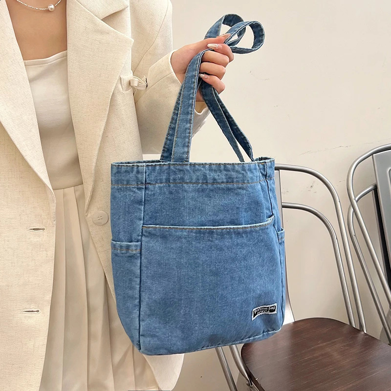 denim personalized large capacity bag fashionable and casual shoulder college student commuting tote 240906