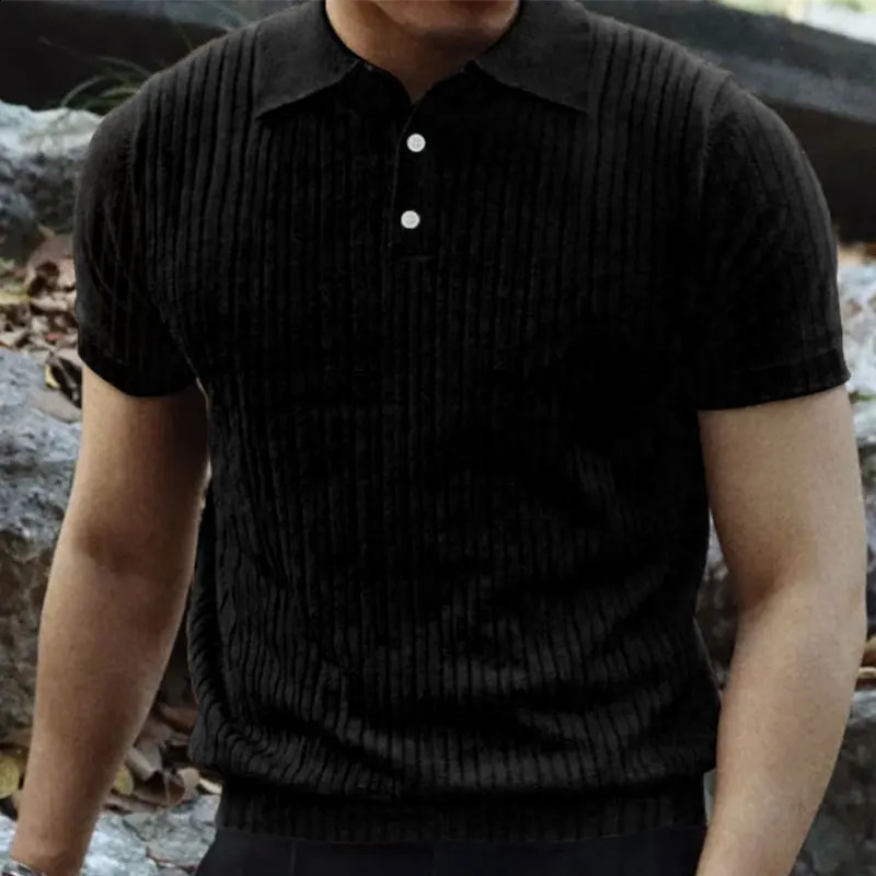 2024 Summer Knit Mens Polo Shirt Business Casual Striped Lapel Short Sleeve Henry Shirt T-shirt Comfortable Mens Clothing 240906