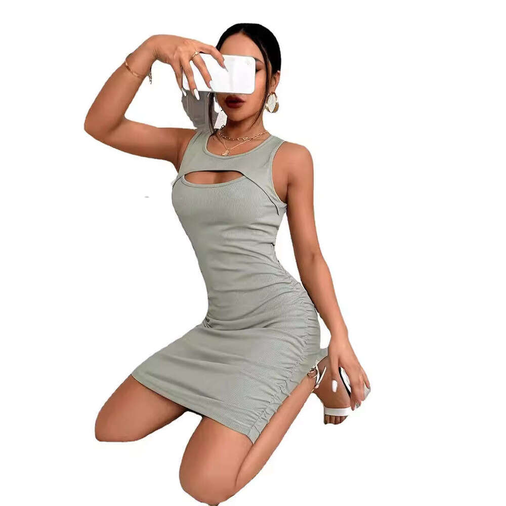 2023 Hollow Tank Top Sexy Open Chest Fold Slim Fit Wrap Hip Sleeveless Dress for Women