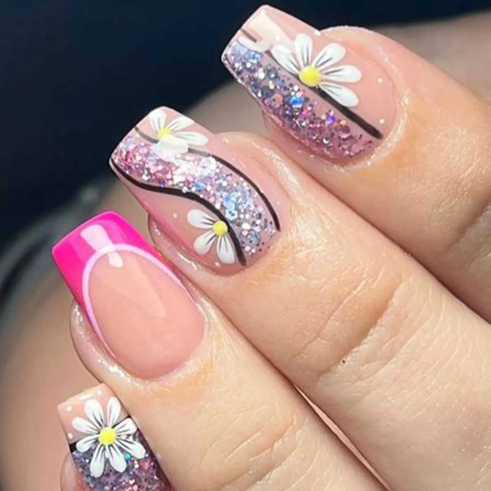 24 pieces/set of French style floral butterfly design fake nails for spring and summer seasons short and safe fake nails on art tips W240905