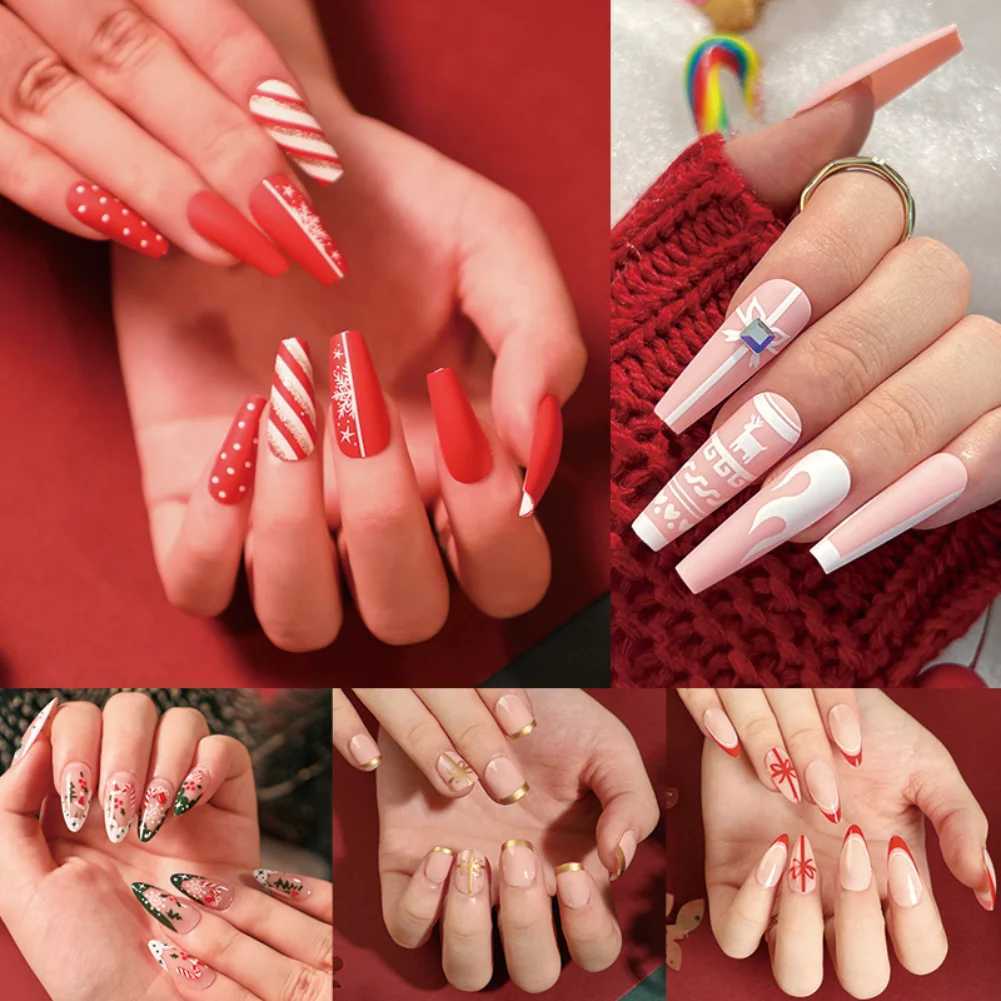 24 Christmas Elk White Snowflake Red Detachable Wearable Fake Nails Pressing Nail Art Flash Reusable Fake Nails W240905