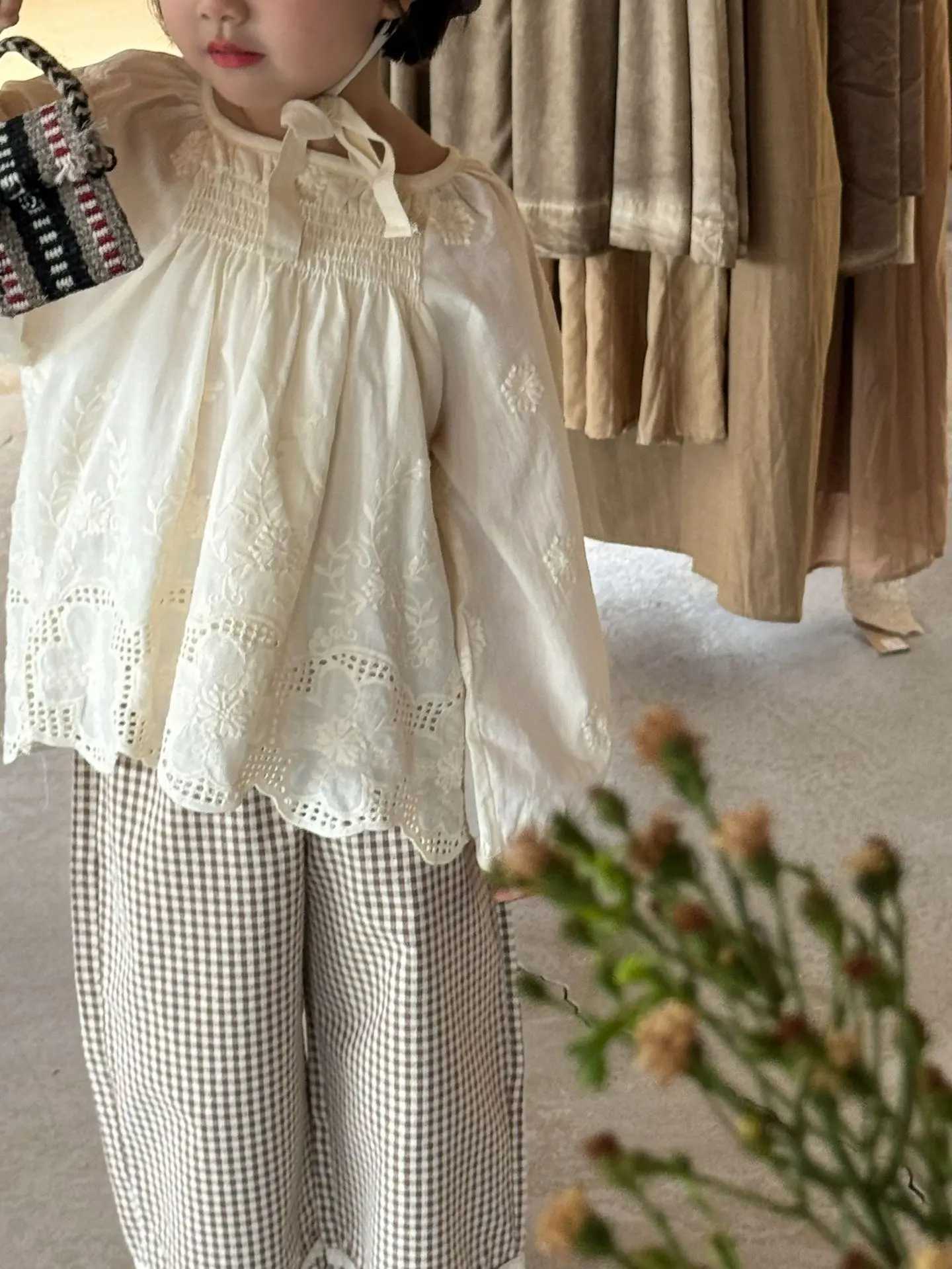Autumn Girls Clothes Doll Shirt 2024 Korean Cute Sweet Cotton Embroidery Hollow-out Lace Girls Blouse Or Plaid Wide Leg Pants Y240906