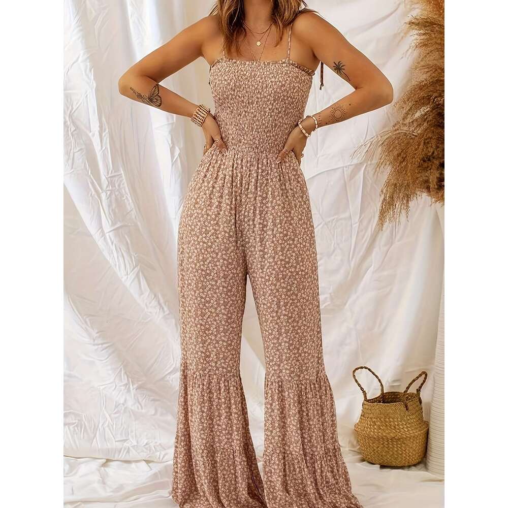 2024 Spring/Summer Thin Shoulder Strap Hoodie Wide Leg Floral Bohemian Style High Waist Folded jumpsuit Women