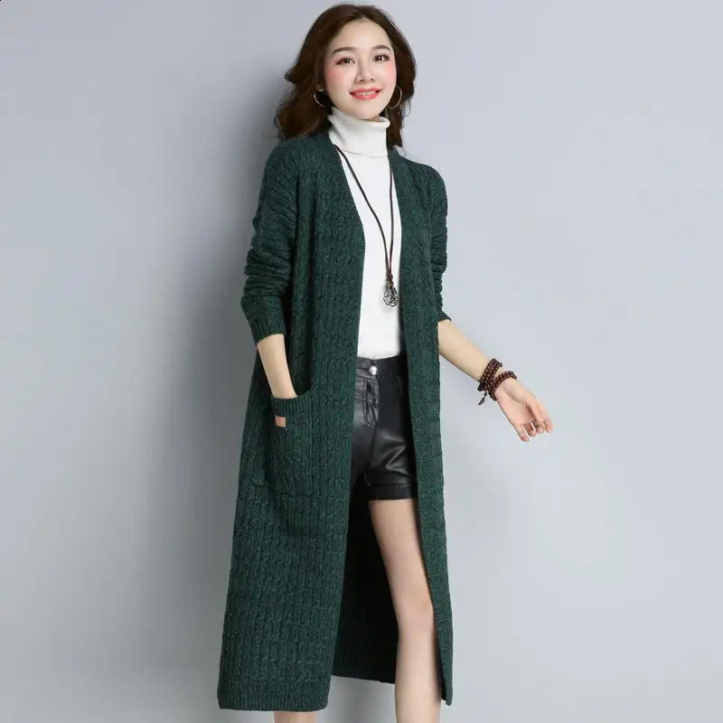 Autumn and winter loose medium length knitted jacket fashionable solid color long sleeved sweater cardigan 240905