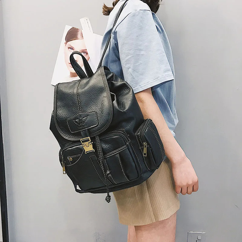 Retro womens backpack highquality leather school bag teenage girls large pull rod black brown Rucksack XA50H 240906