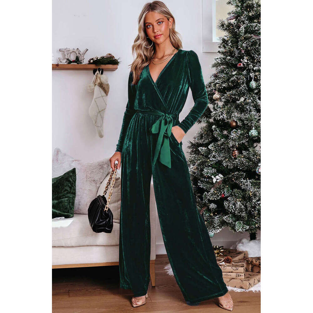 2024 new solid color long sleeved jumpsuit V-neck fashionable and elegant straight leg pants