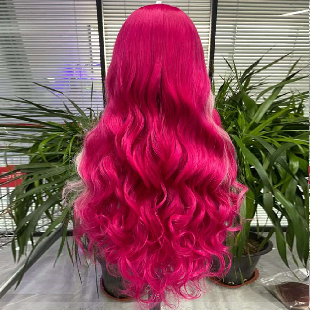 Synthetic Brazilian Wigs For Women Long Wave Lace Front Breakdown Free Rose-Red Color Hair Heat Resistant Fiber Cosplay Daily