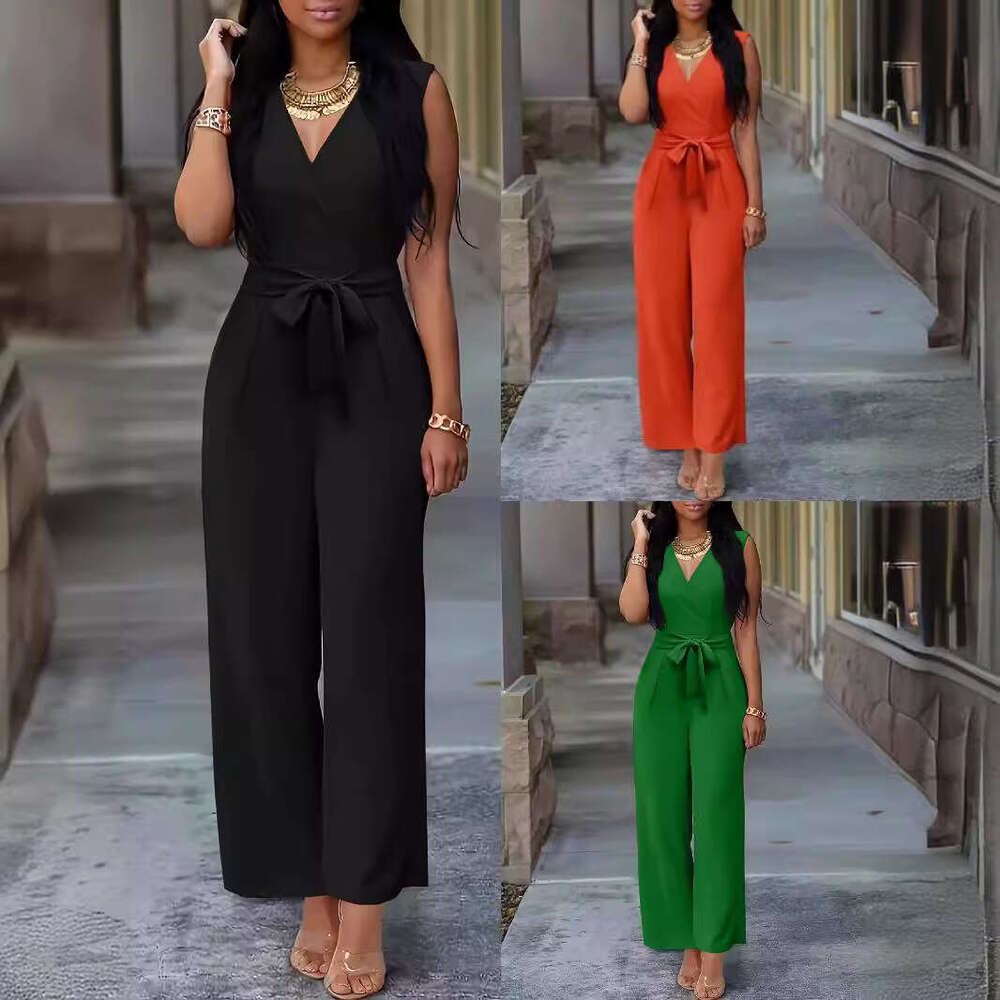 2024 Spring/Summer Women's New V-neck Wide Leg Sleeveless waist belt jumpsuit Female 0
