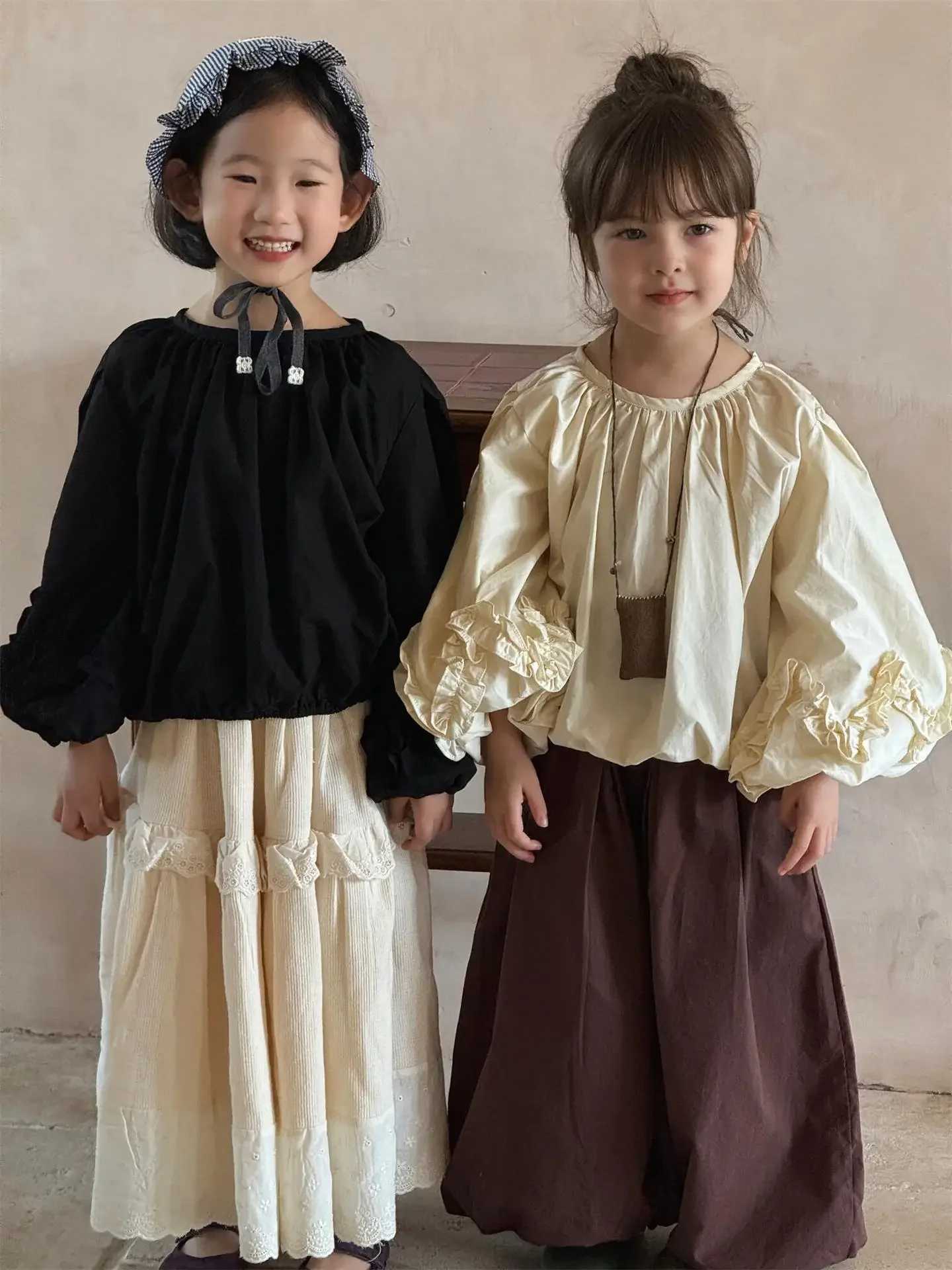 Blouses Korean Childrens Clothing Autumn New Girl Shirt Retro Style Easy Flower Edge Tops Simple 2024 Round Collar Y240906