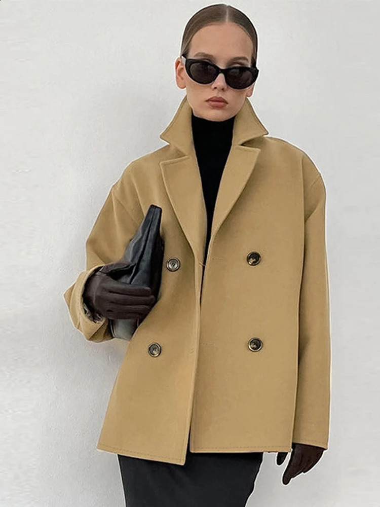 Fashion Solid Turn Down Collar Jackets For Women Casual Double Breasted Pockets Coat 2024 Autumn Winter Long Sleeve Loose Jacket 240905