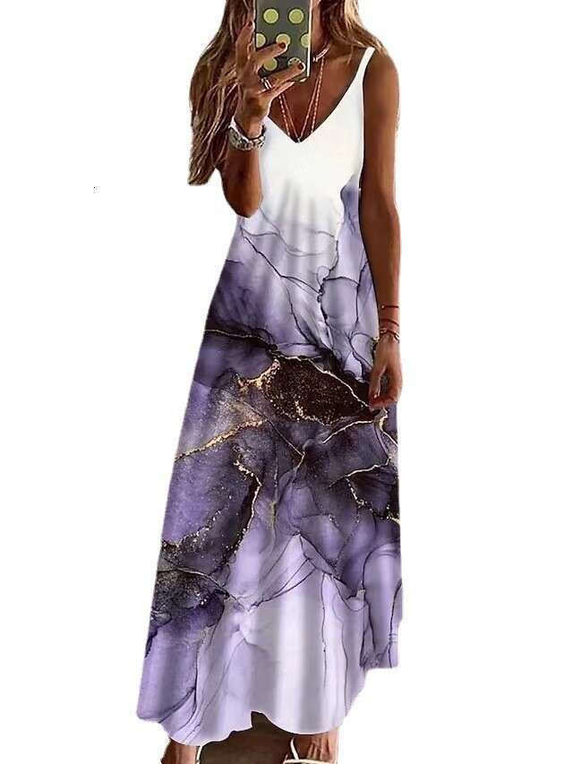 2023 Women's Summer V-neck Sexy A Version Long Loose Print Large Strap Dress