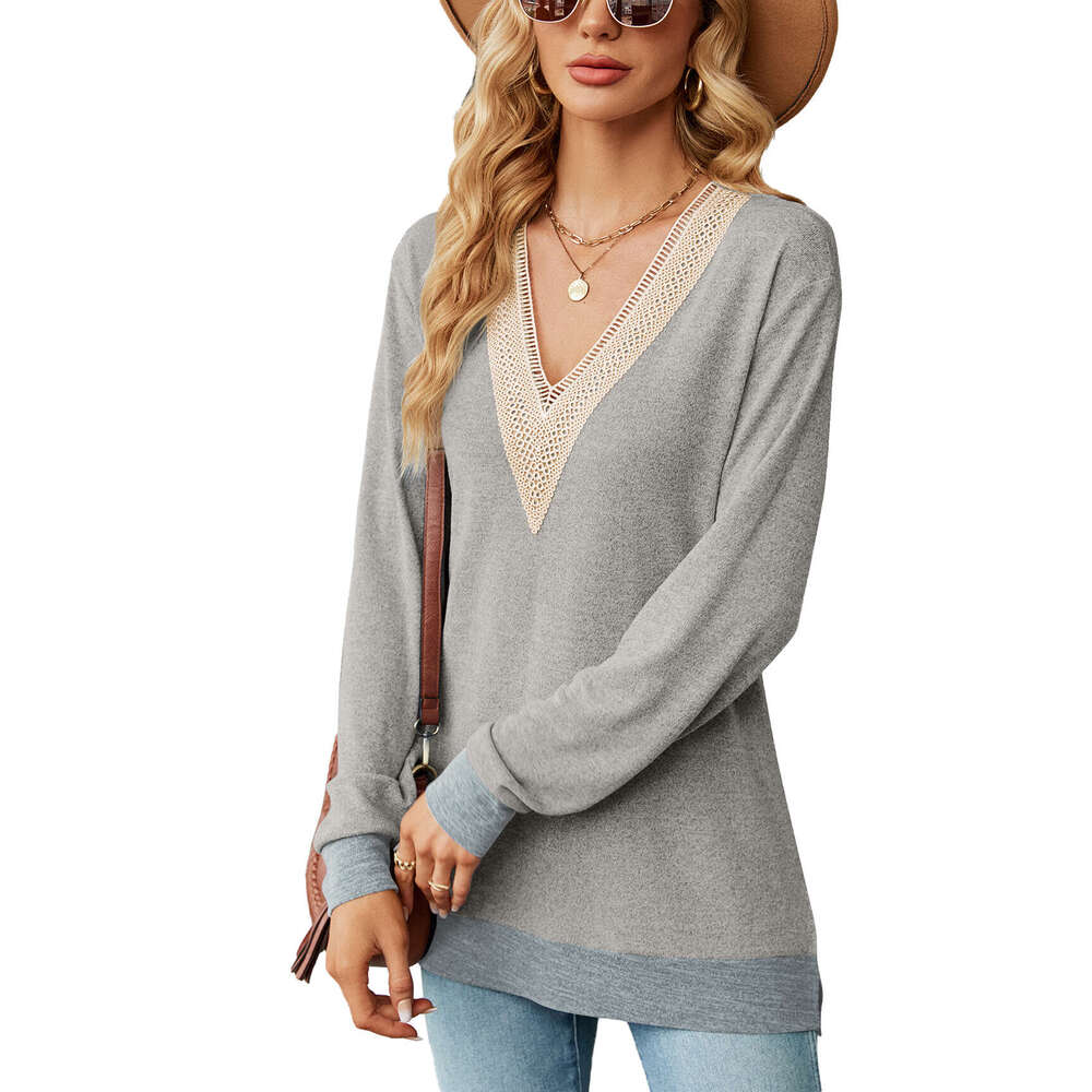 2024 Autumn/Winter Lace V-Neck Contrast Split Loose Sleeve T-shirt Top for Women