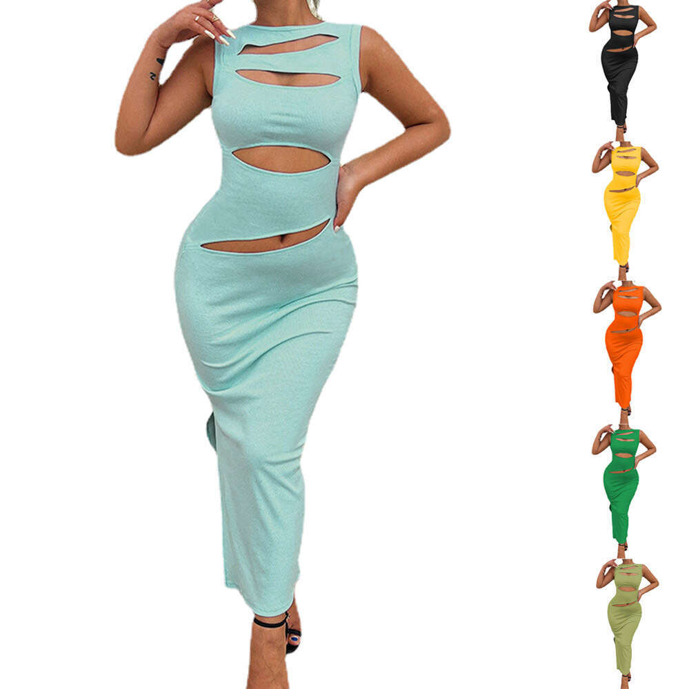 Sexy hollow out irregular backless sleeveless knitted dress for spring/summer 2023