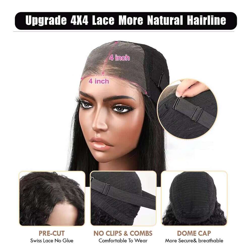 Deep Wave Glueless Pre-Cut Lace Ready To Go Preplucked Haire 4X4 Closure Wig Curly Human Hair Wigs For Women 200%