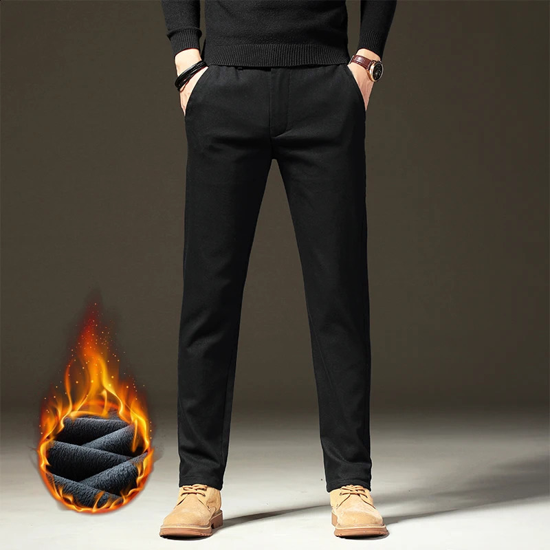 clothing winter wool warm casual pants mens cotton elastic waist brown gray diagonal work ultrathin flocking goods 240905
