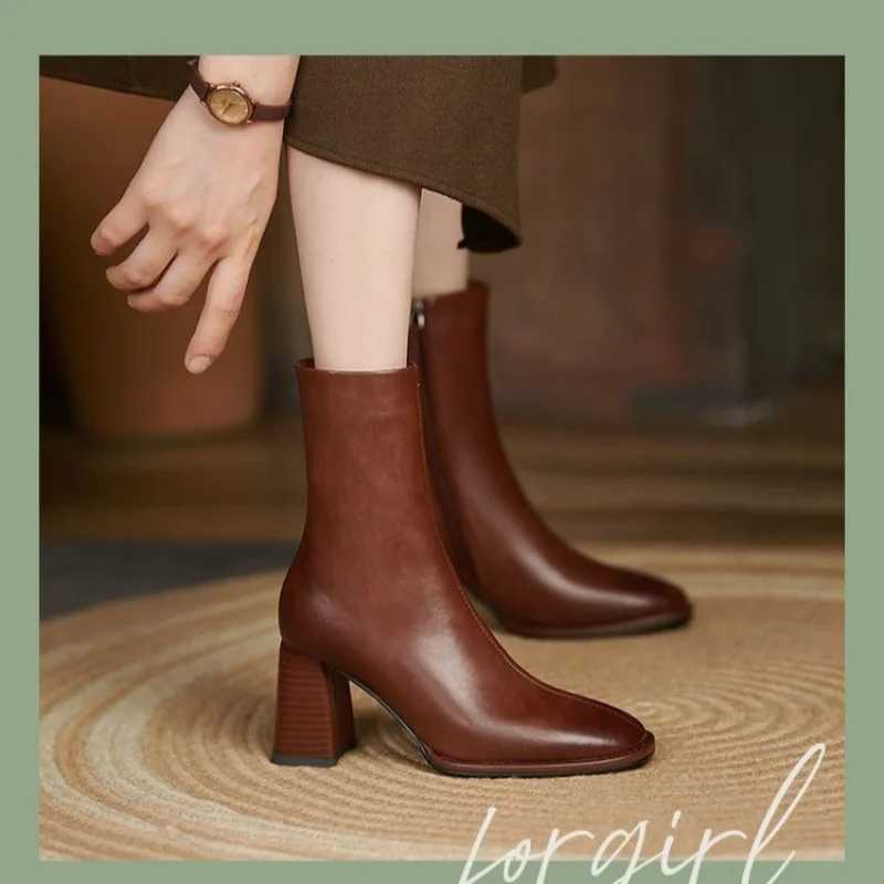 Autumn and Winter 2023 New Retro Nude Boots for Women Thick Heel Side Zipper High Heels Simple Casual Square Short Boots for Women CL240906