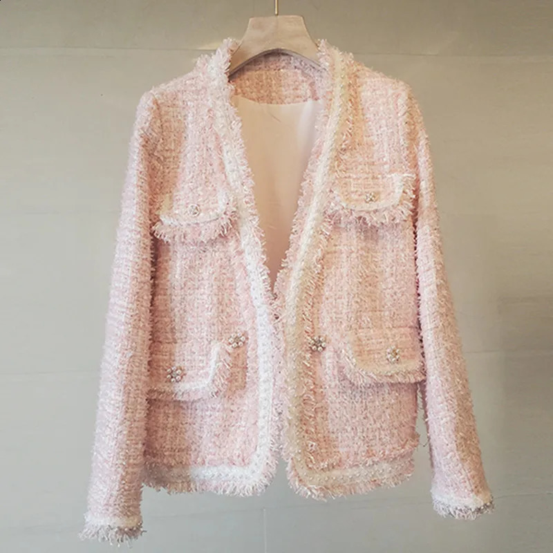 y French Small Fragrance Pink Jacket Women Autumn Fashionable Tassel Brushed Tweed White Coat Female Casaco Feminino K3079 240904