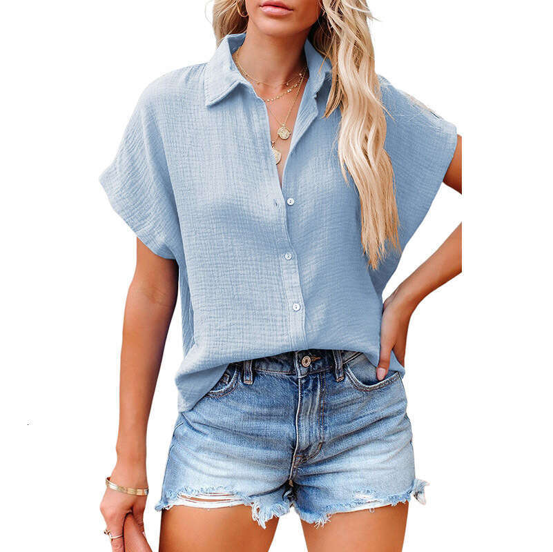 Summer women's V-neck breasted solid color shirt Women's ruffle loose short sleeved T-shirt top Women