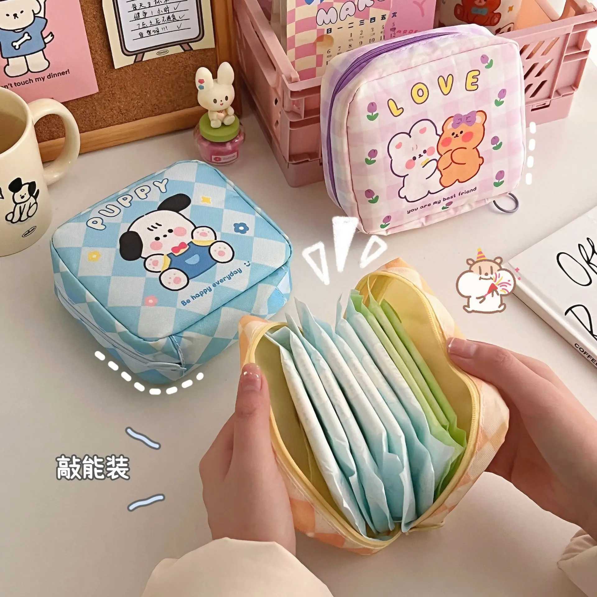 Ins Cute Cartoon Makeup Bag Lipstick Makeup Organizer Box Mini Hygiene Napkins Travel Earphones Coin Storage Bag W240905
