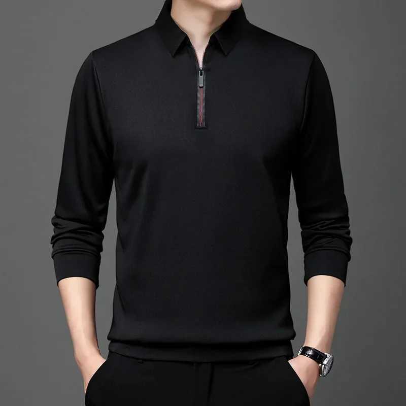 2023 New Solid Polo Shirt Lapel Long-sleeved Polo Zipper Collar Fashion Spring/Autumn Thin Shirts Casual Loose Tops Men ClothingXJ240906